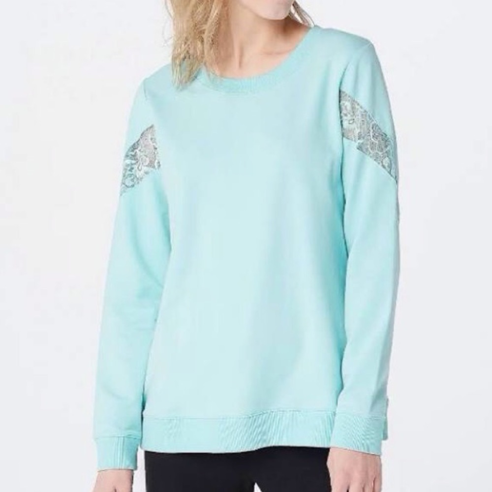Denim & Co. Active 3X Light Aqua French Terry Long Sleeve Top With Lace Detail
